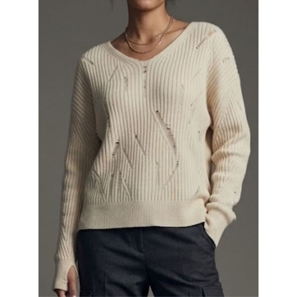 Helmut Lang 100% Lambswool Distressed Sweater  Cream Beige M